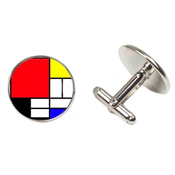 Mondrian Pattern Cufflinks Silver Metal Alloy Men's - Picture 1 of 1
